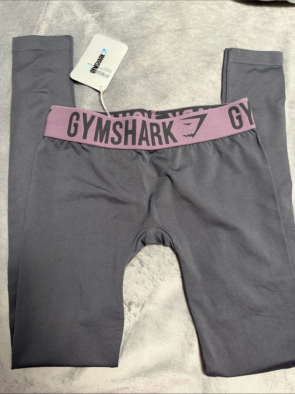 Gymshark Gray Leggings with Purple Logo Waistband